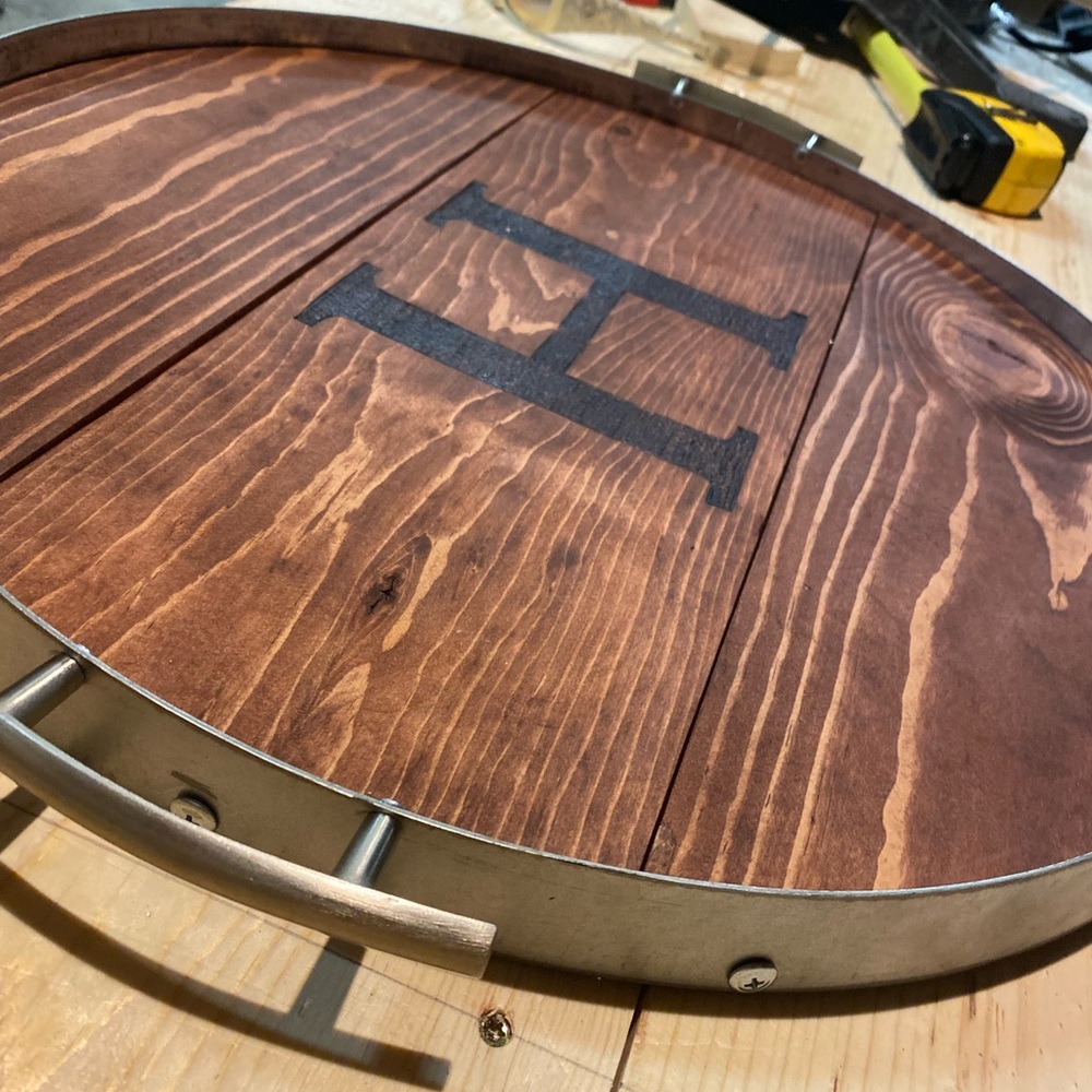 Custom Hand made wine barrel ring wooden tray * i can burn what you want!